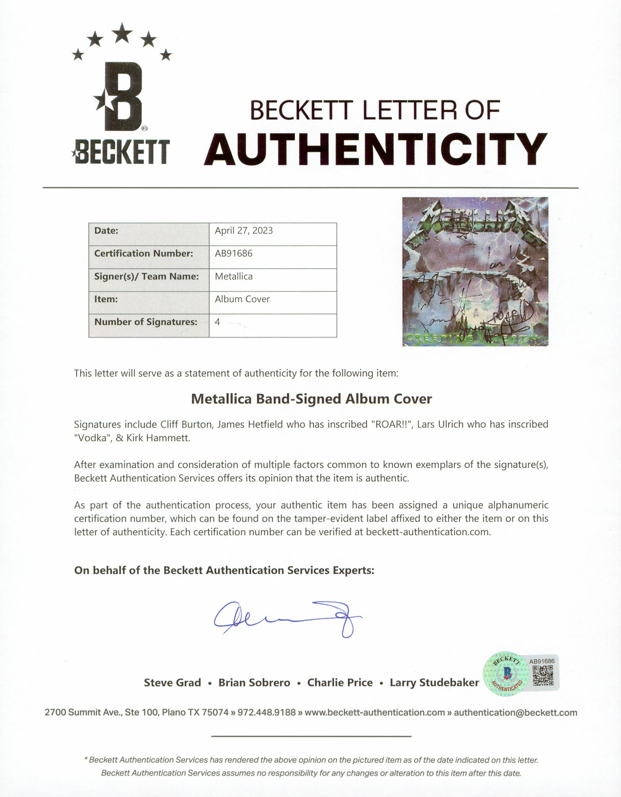 Metallica (4) Burton, Hetfield, Ulrich & Hammett Signed Album Cover BAS #AB91686