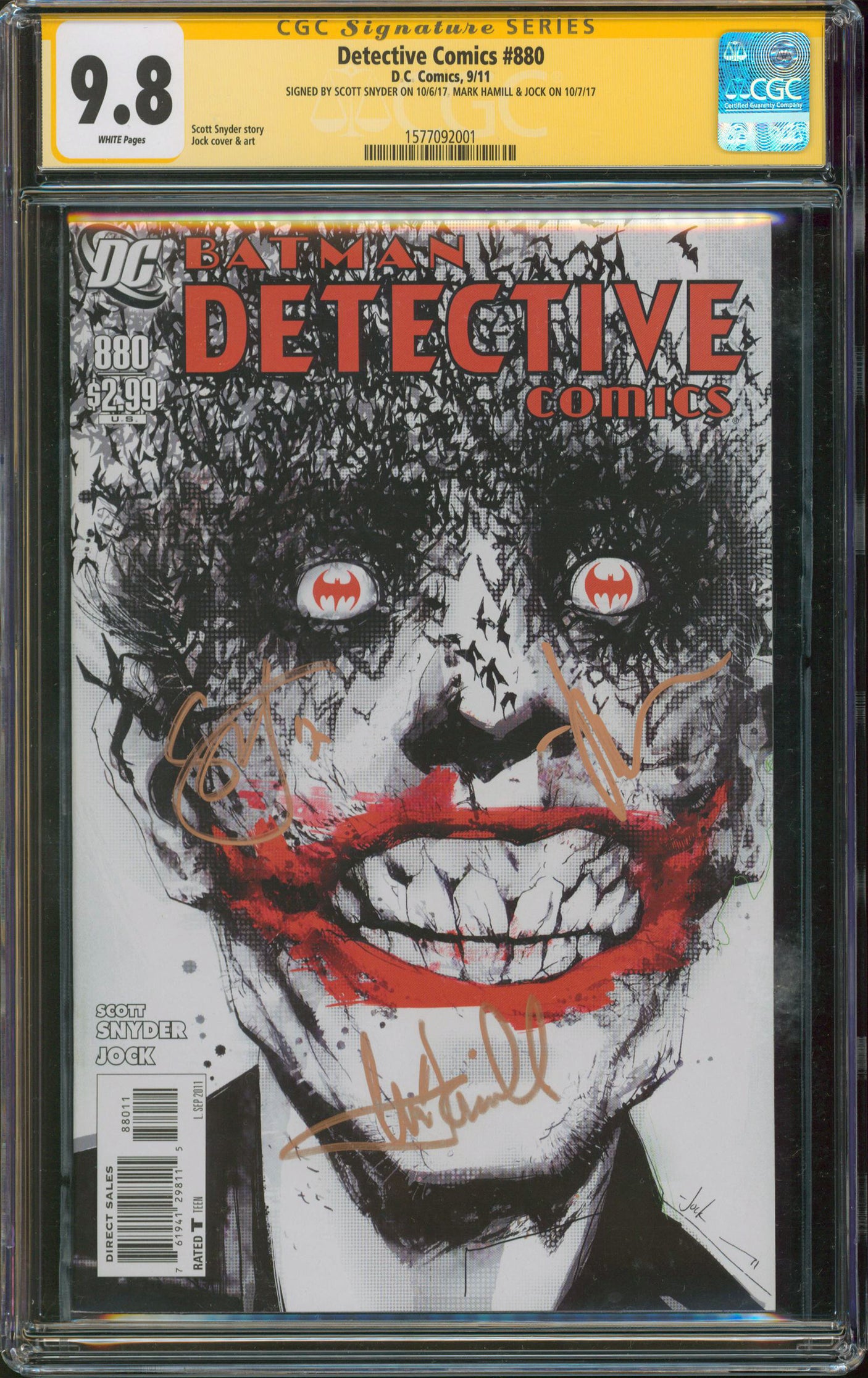 (3) Hamill Snyder & Jock DC Comics Signed Batman Detective Comics #880 Comic CGC
