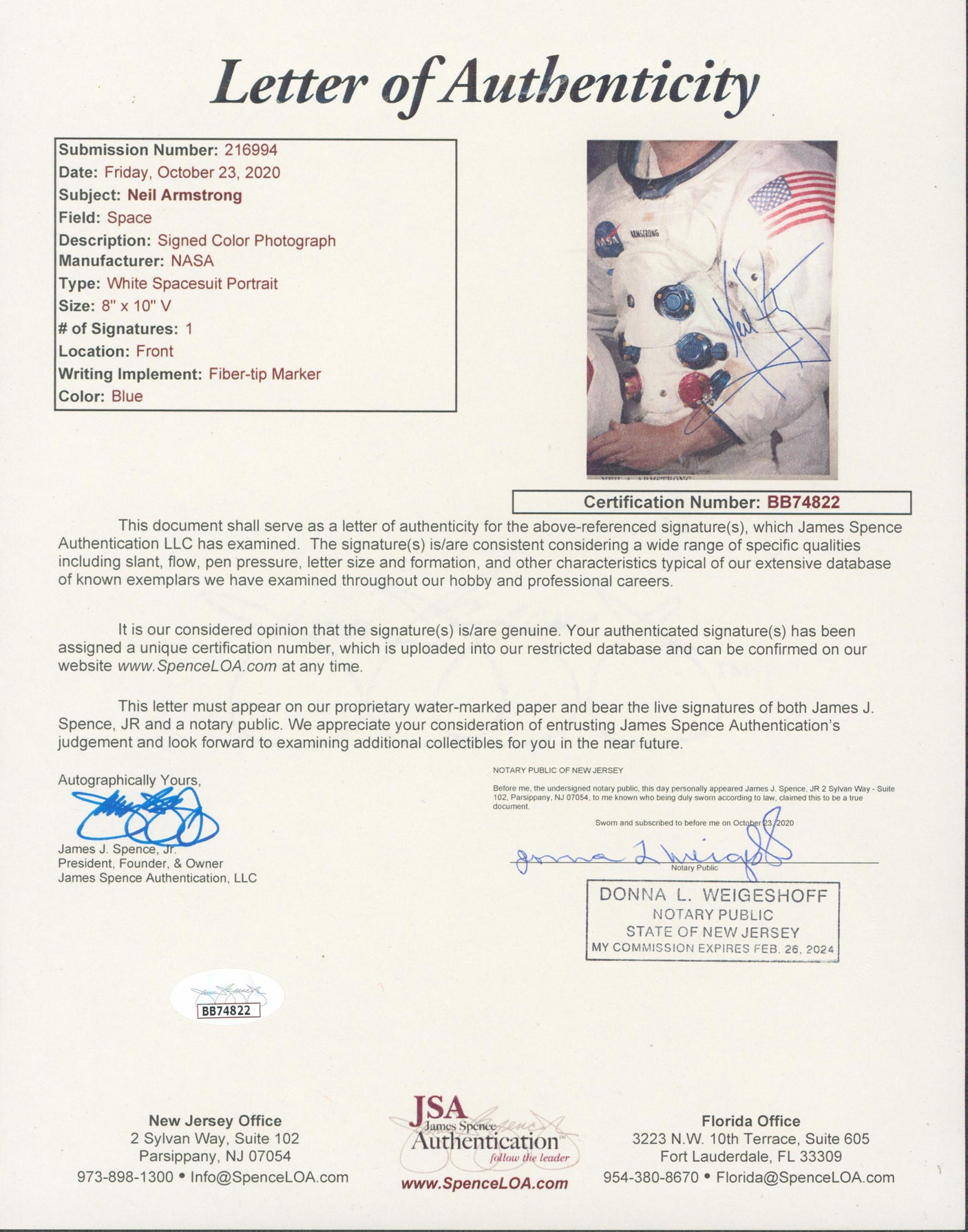 Neil Armstrong Apollo 11 Authentic Signed 8x10 Photo Autographed JSA #BB74822