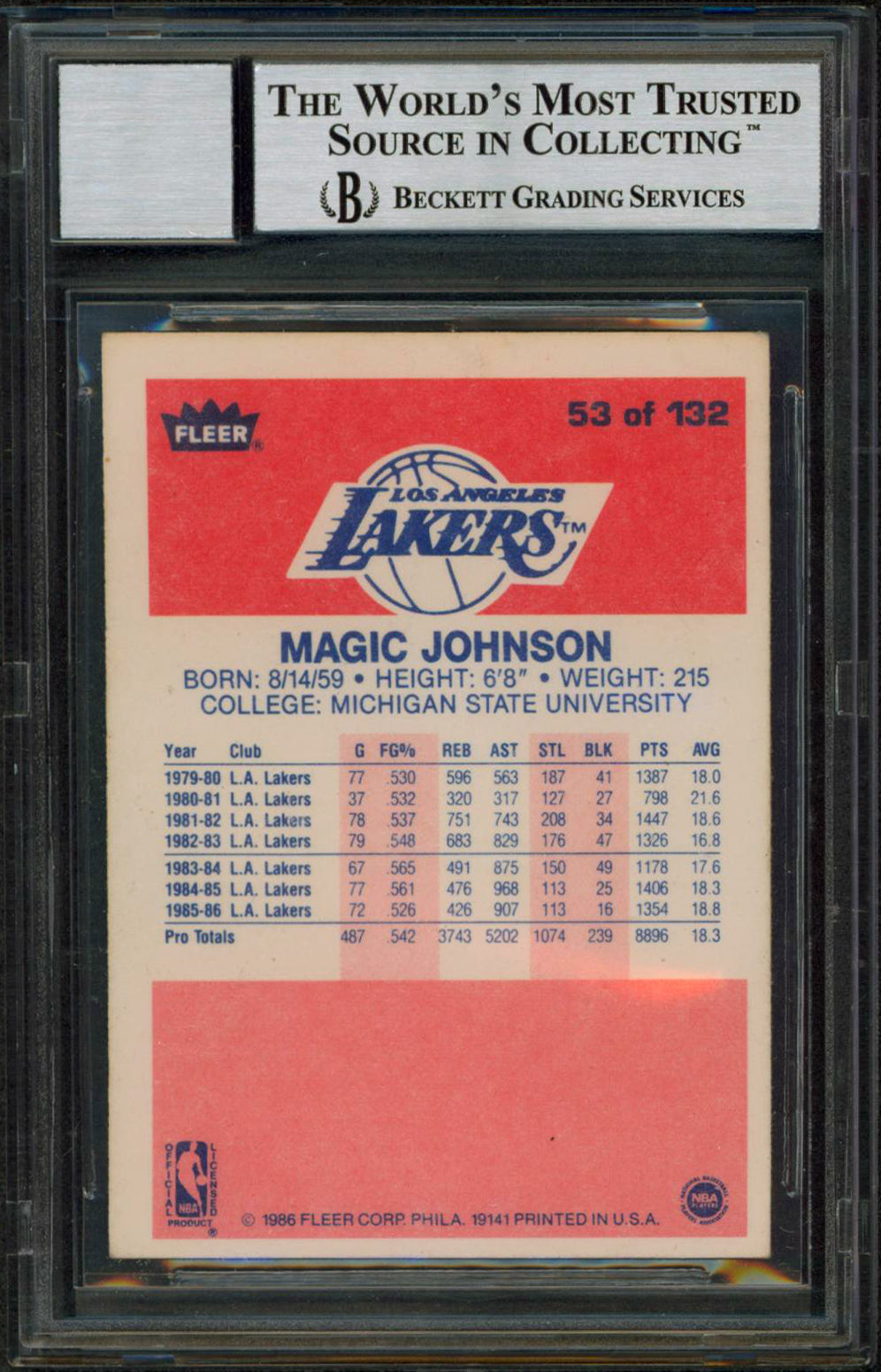 Lakers Magic Johnson Signed 1986 Fleer #53 Card Auto Graded Gem 10! BAS Slabbed