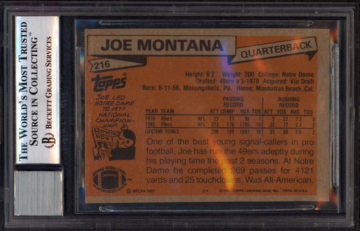 49ers Joe Montana "HOF 2000" Signed 1981 Topps #216 RC Card Auto 10! BAS Slabbed