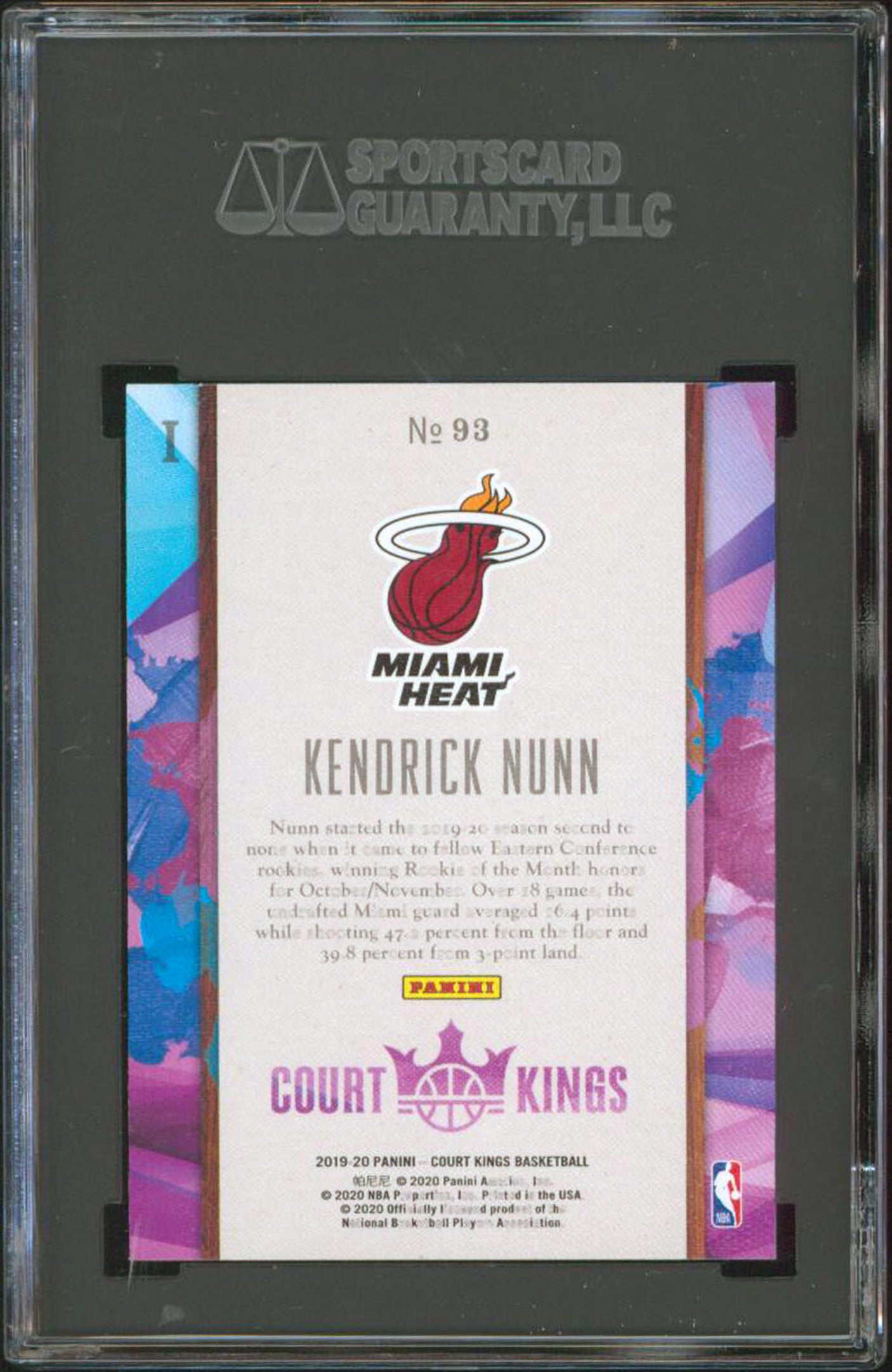 Heat Kendrick Nunn 2019 Panini Court Kings #93 Rookie Card Graded Mint 9! SGC