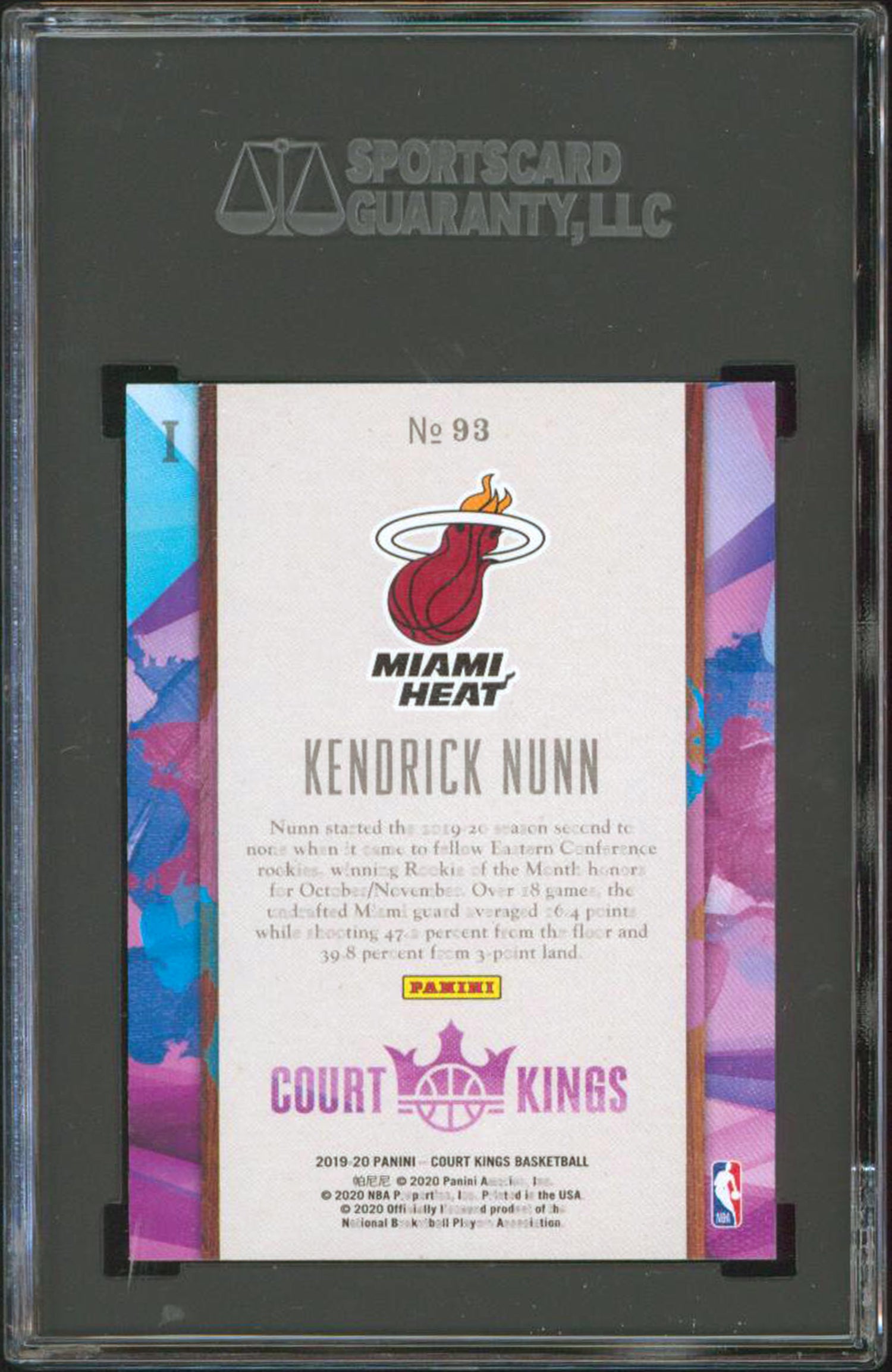 Heat Kendrick Nunn 2019 Panini Court Kings #93 Rookie Card Graded Mint 9! SGC
