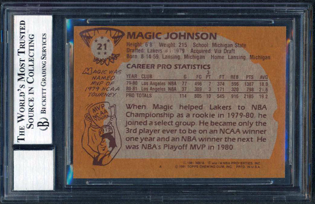 Lakers Magic Johnson Signed 1981 Topps #21 Card Auto Grade 10 BAS Slab #12565793