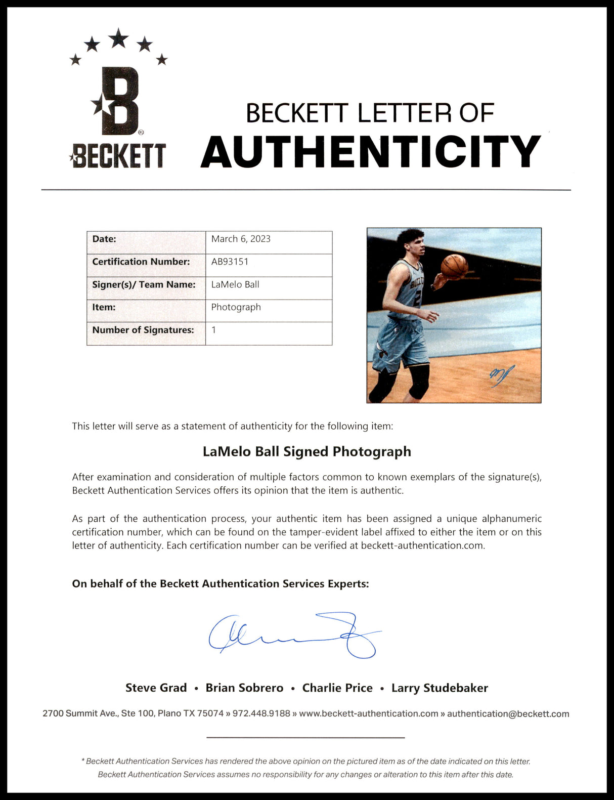 LaMelo Ball Autographed 16x20 Photo Charlotte Hornets Beckett BAS Stock #212973