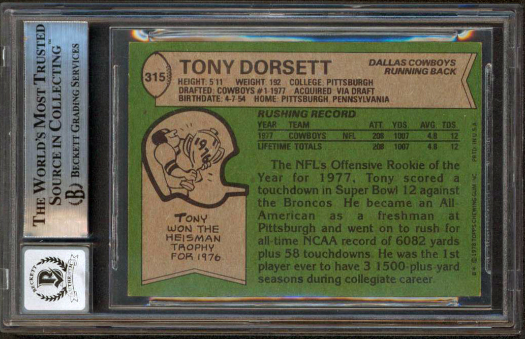 Tony Dorsett ROY 77 HOF 94 Signed 1978 Topps #315 Rookie Card Auto 10 BAS Slab 1