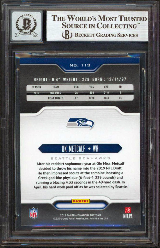 DK Metcalf Signed 2019 Panini Playbook #113 Rookie Card Auto 10! BAS Slabbed