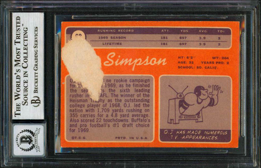 Orenthal James OJ Simpson HOF 85 Signed 1970 Topps #90 RC Card Auto 10 BAS Slab