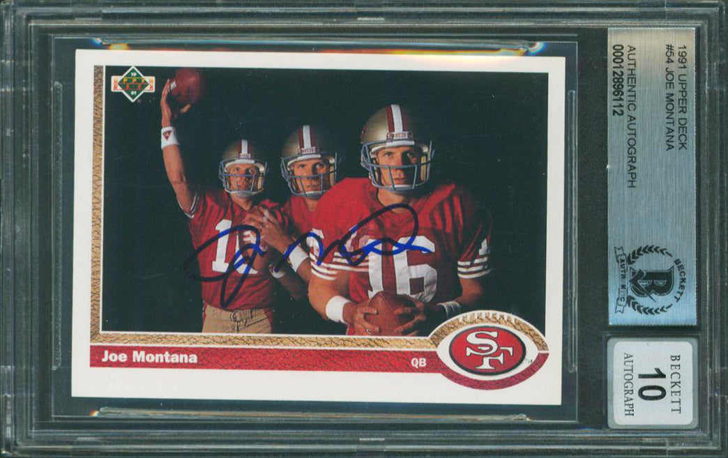 49ers Joe Montana Signed 1991 Upper Deck #54 Card Auto Graded 10! BAS Slabbed