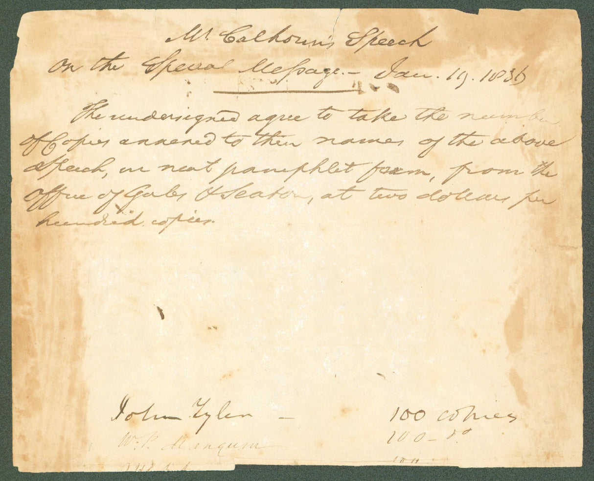 John Tyler Authentic Signed 6.25x7.5 1836 Printing Order Document BAS #AB14363