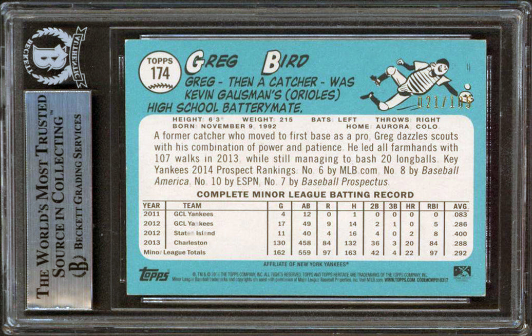 Yankees Greg Bird Signed 2014 Topps Heritage Minors Black #174 RC Card BAS Slab
