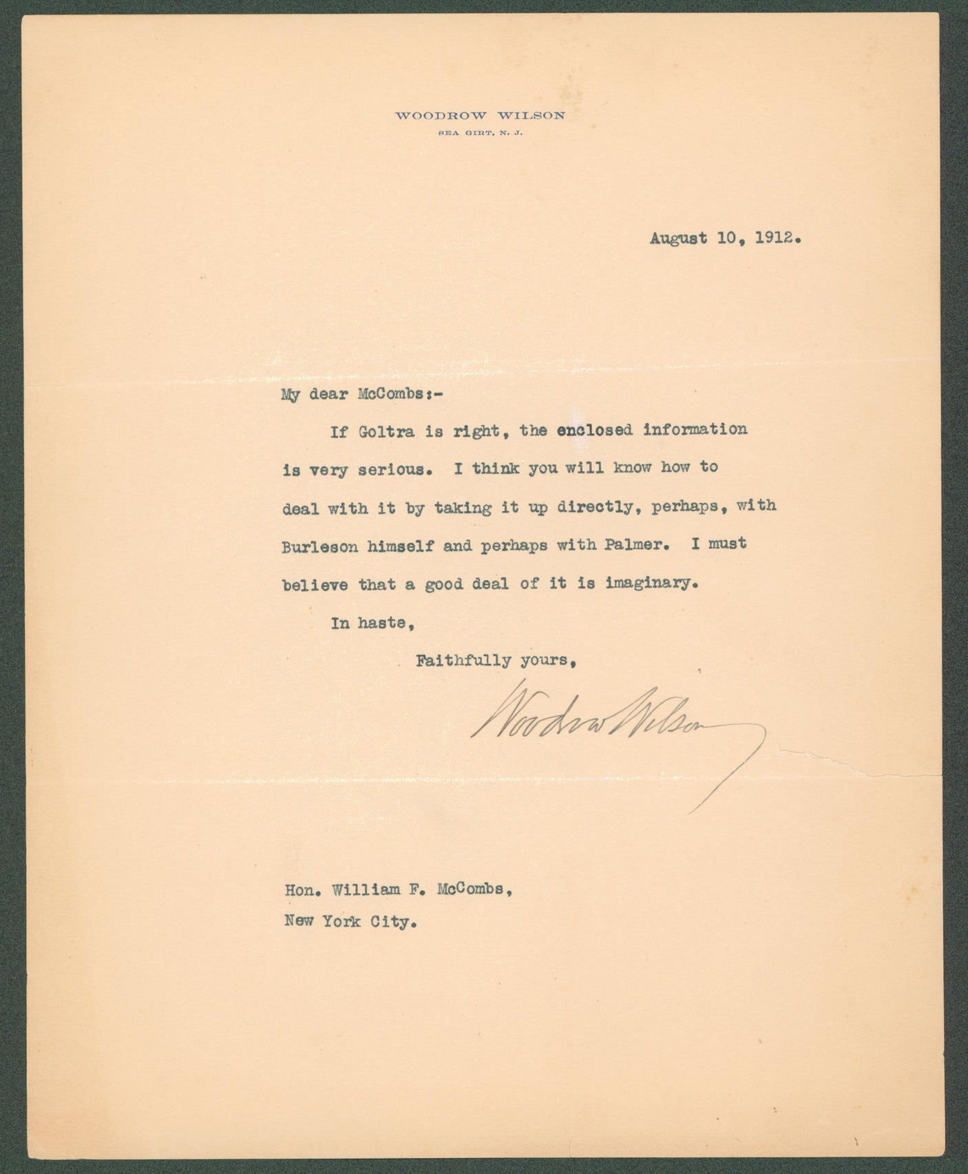 Woodrow Wilson Authentic Signed 8x10 Letter August 10, 1912 BAS #AB14551