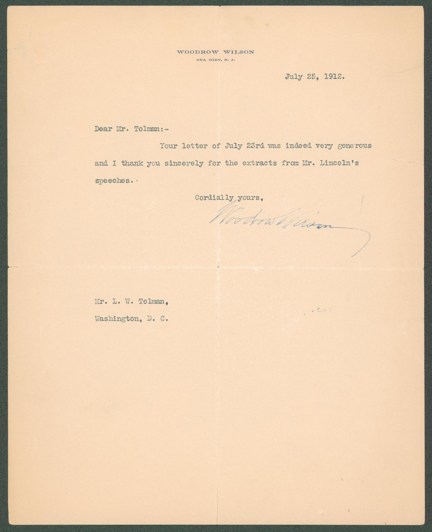 Woodrow Wilson Authentic Signed 8x10 Letter Dated July 25, 1912 BAS #AB14552