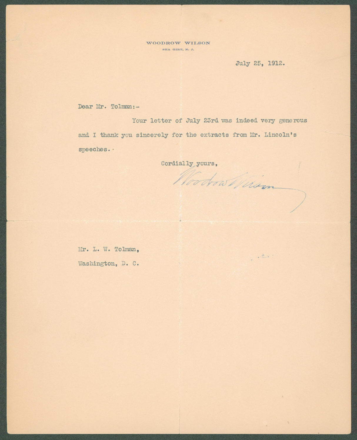Woodrow Wilson Authentic Signed 8x10 Letter Dated July 25, 1912 BAS #AB14552