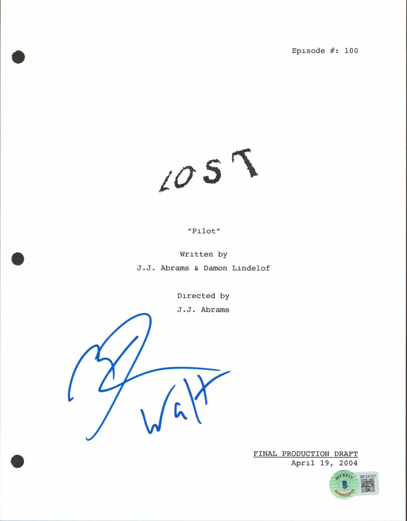 Malcolm David Kelley "Walt" Authentic Signed Lost Script Cover BAS #BF24107