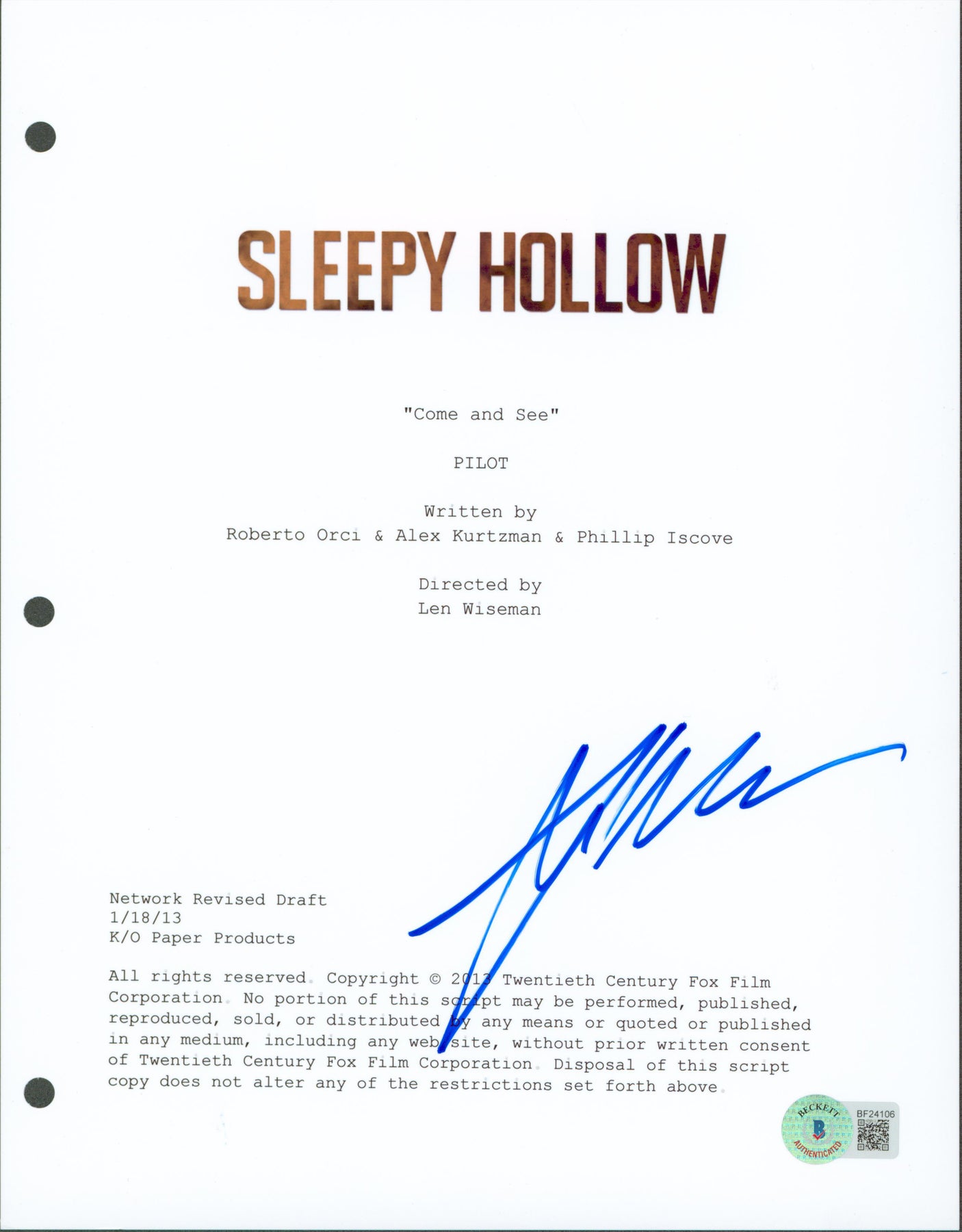 Len Wiseman Authentic Signed 8.5x11 Sleepy Hollow Script Cover BAS #BF24106