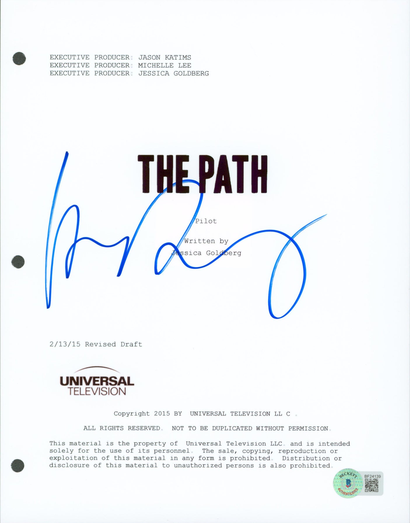 Hugh Dancy The Path Authentic Signed 8.5x11 The Path Script Cover BAS #BF24139