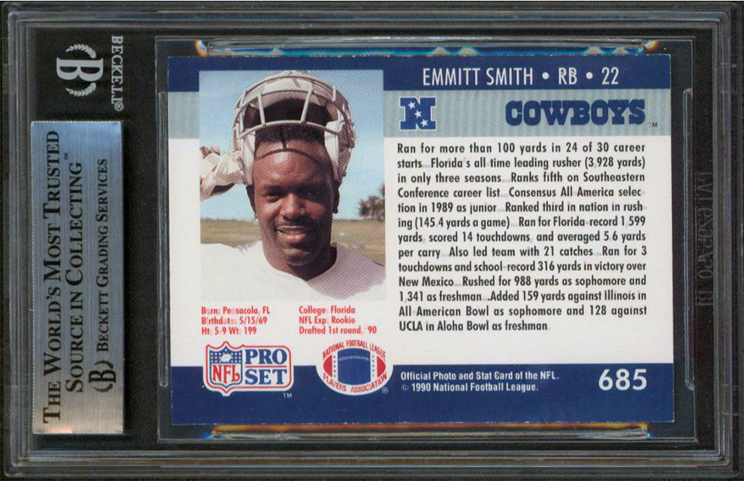 Cowboys Emmitt Smith Authentic Signed 1990 Pro Set #685 Rookie Card BAS Slabbed