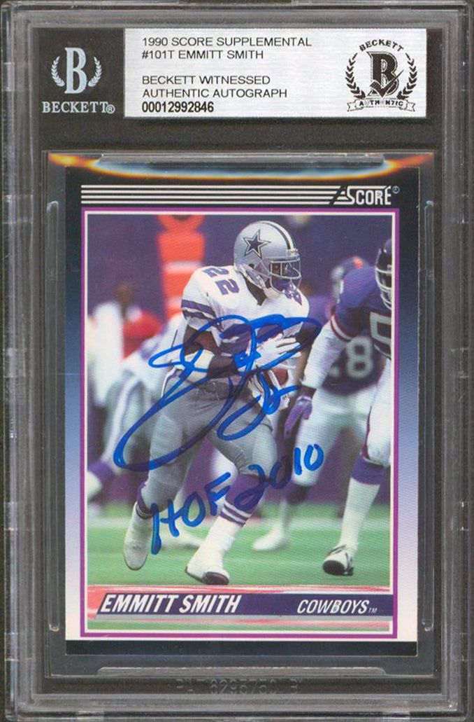 Emmitt Smith "HOF 2010" Signed 1990 Score Supplemental #101T RC Card BAS Slab 2