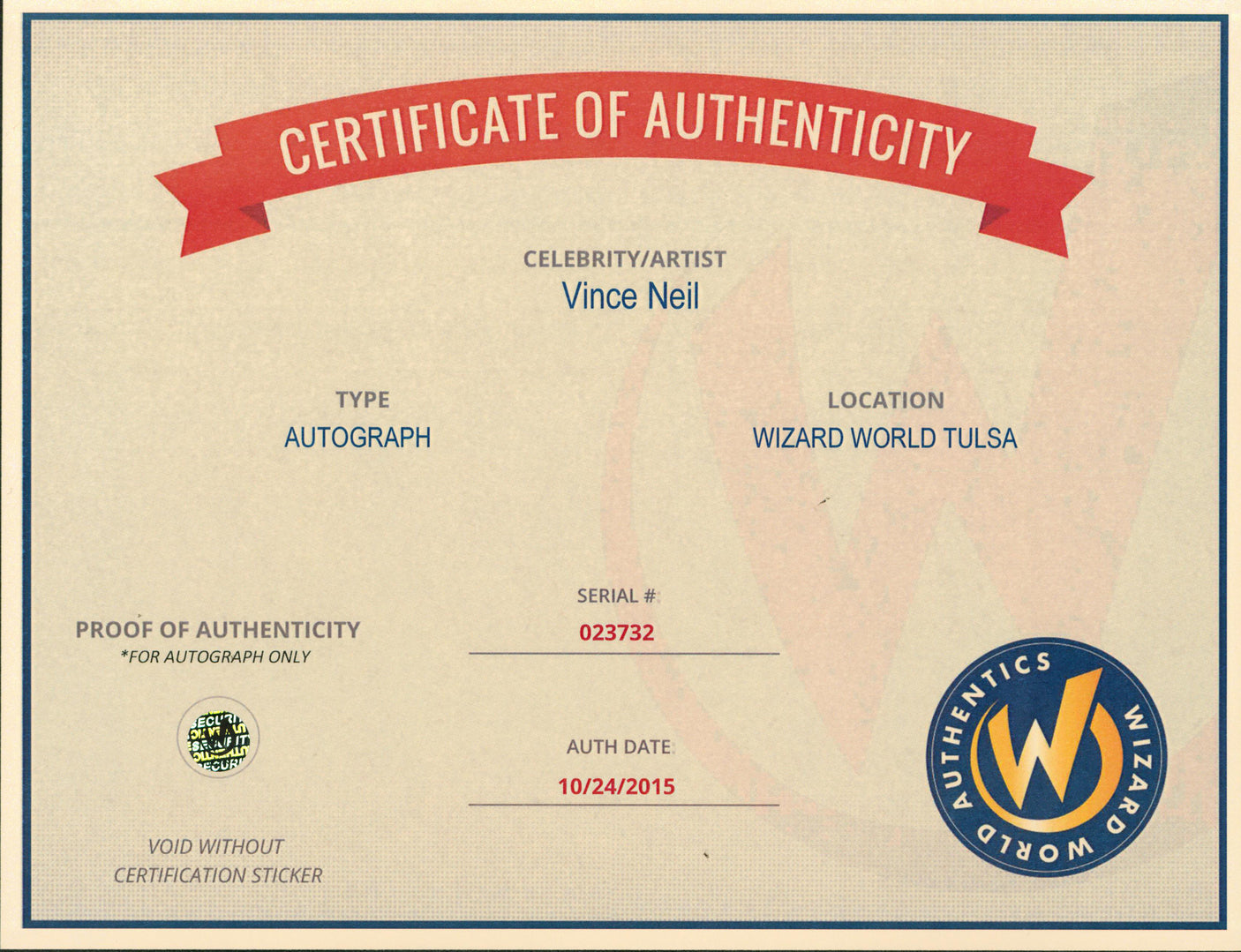 Vince Neil Motley Crue Authentic Signed 8x10 Black & White Photo Wizard World