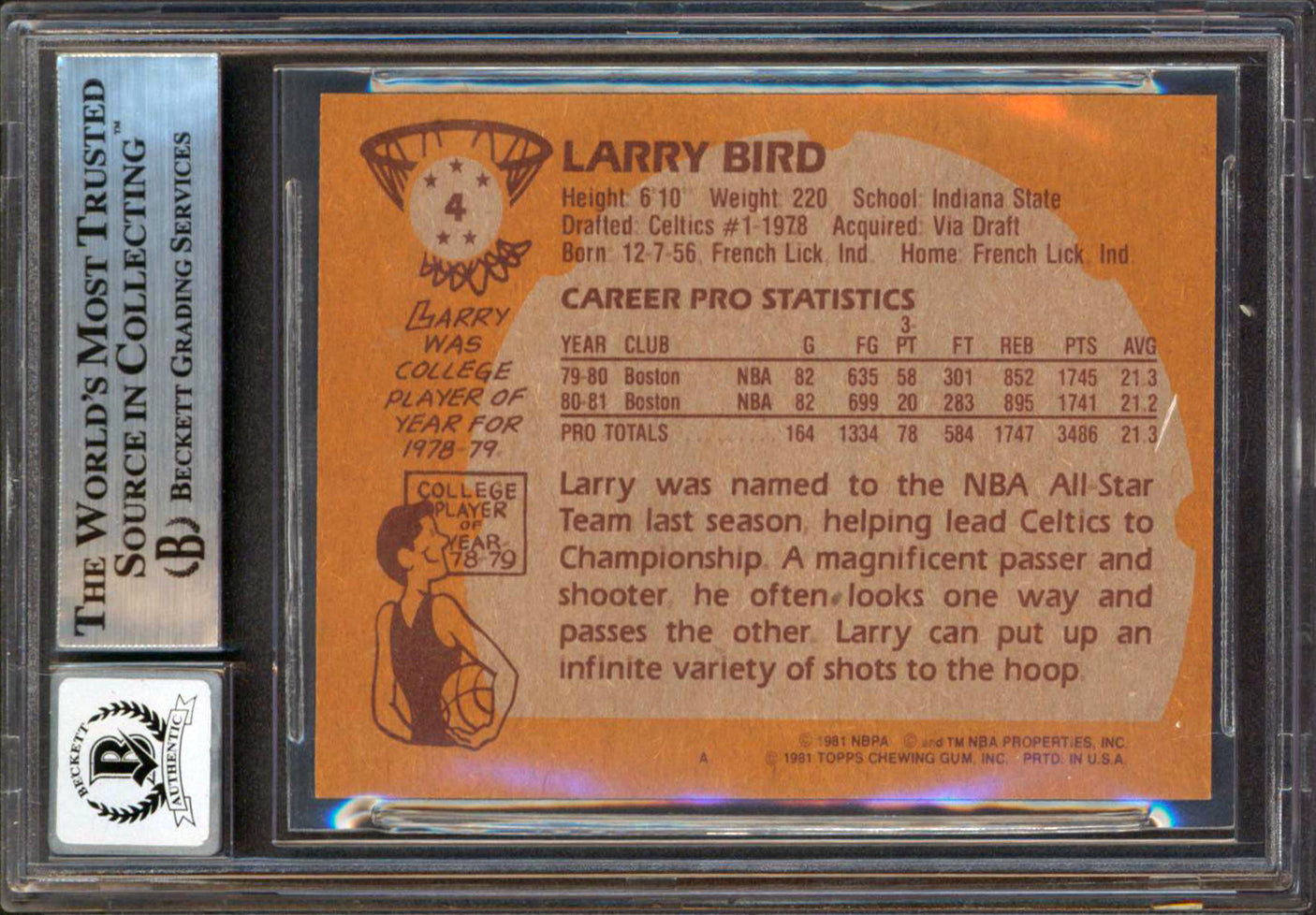 Celtics Larry Bird Authentic Signed 1981 Topps #4 Card Auto 10! BAS Slabbed