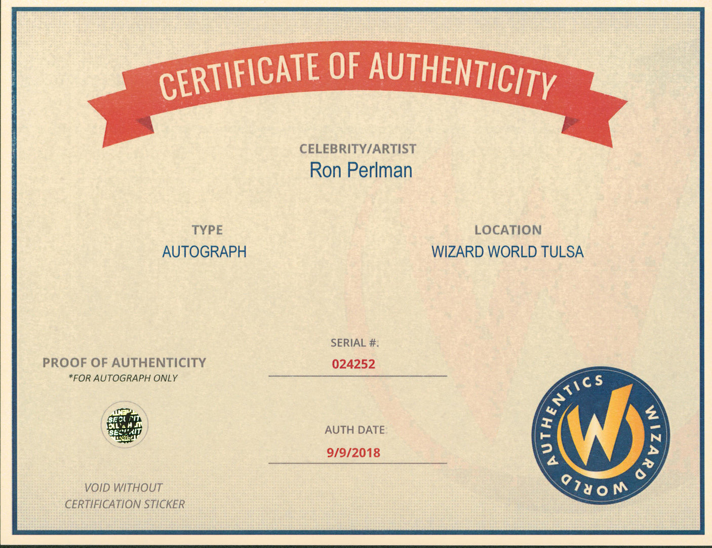 Ron Perlman Season of the Witch Authentic Signed 8x10 Photo Wizard World