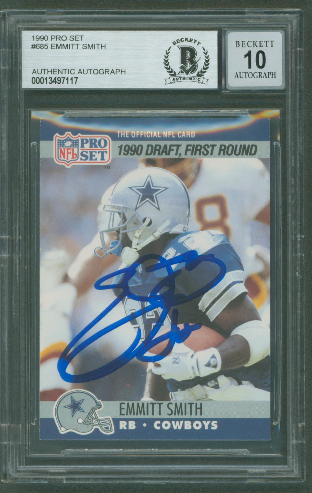 Cowboys Emmitt Smith Signed 1990 Pro Set #685 Rookie Card Auto 10! BAS Slabbed