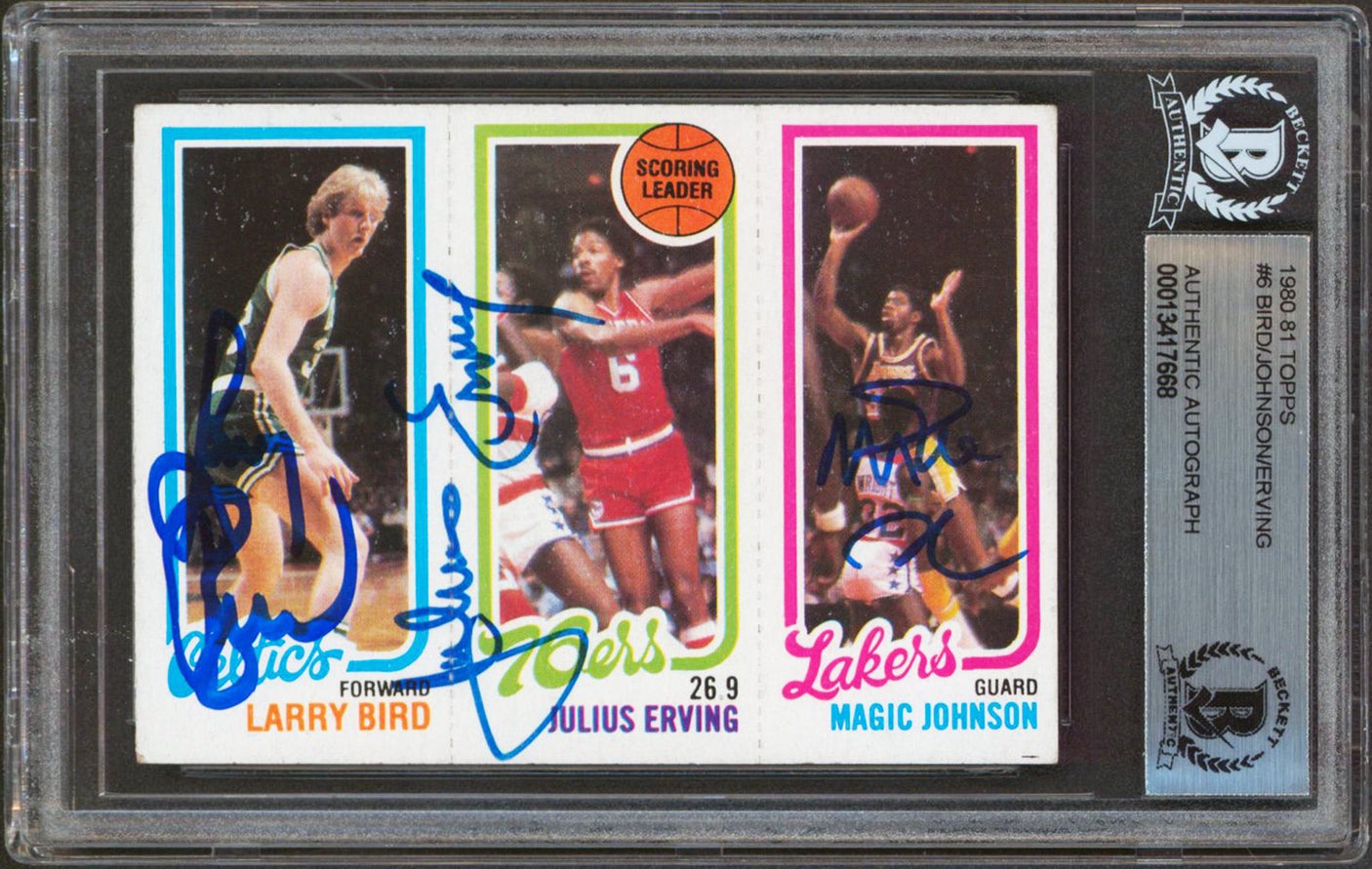 Magic Johnson, Larry Bird & Julius Erving Signed 1980 Topps Rookie Card BAS Slab