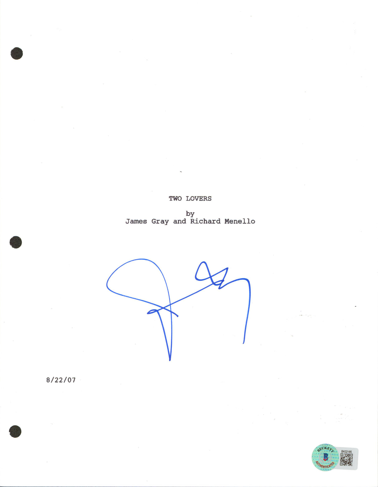 James Gray Two Lovers Authentic Signed Script Cover Autographed BAS #BK02185