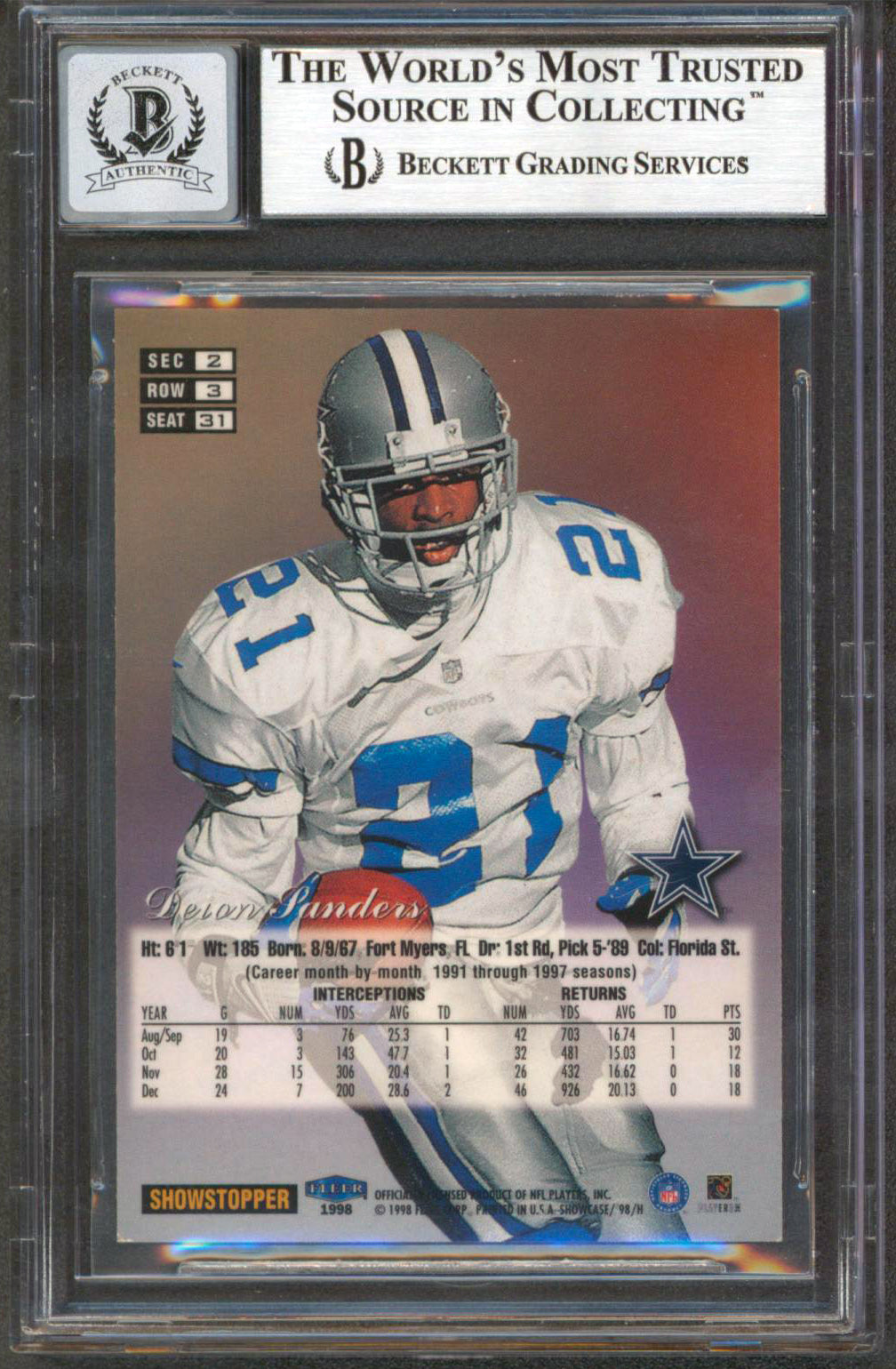 Cowboys Deion Sanders Signed 1998 Flair Showcase Row 3 #31 Card Auto 10 BAS Slab