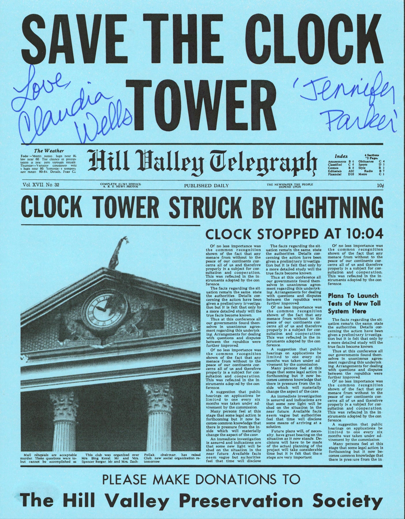 Claudia Wells Back To The Future Signed Replica Save The Clock Tower Flyer BAS