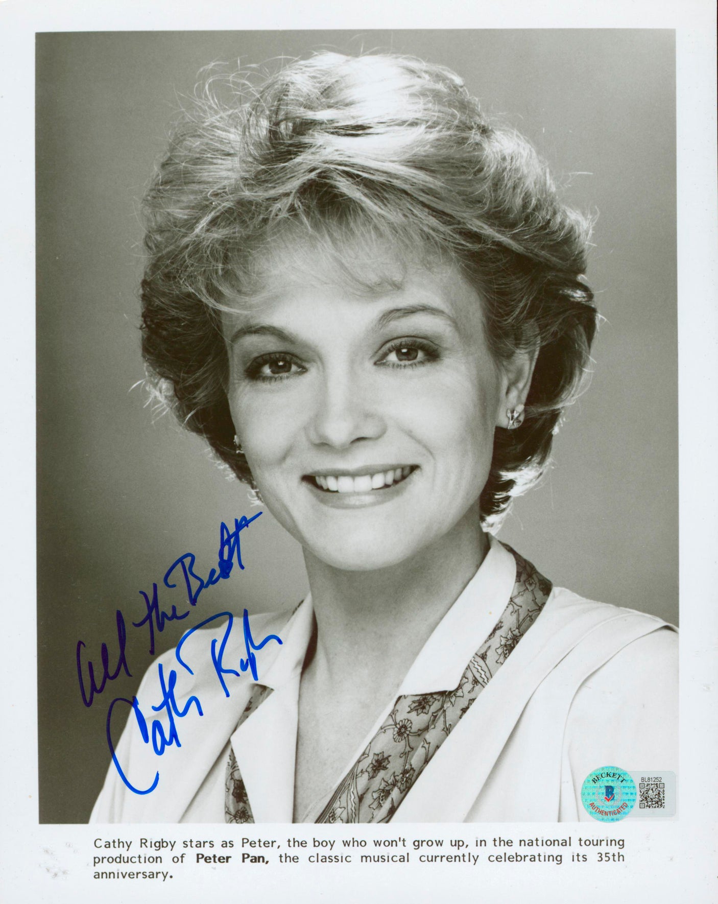 Cathy Rigby Peter Pan "All The Best" Authentic Signed 8x10 Photo BAS #BL81252