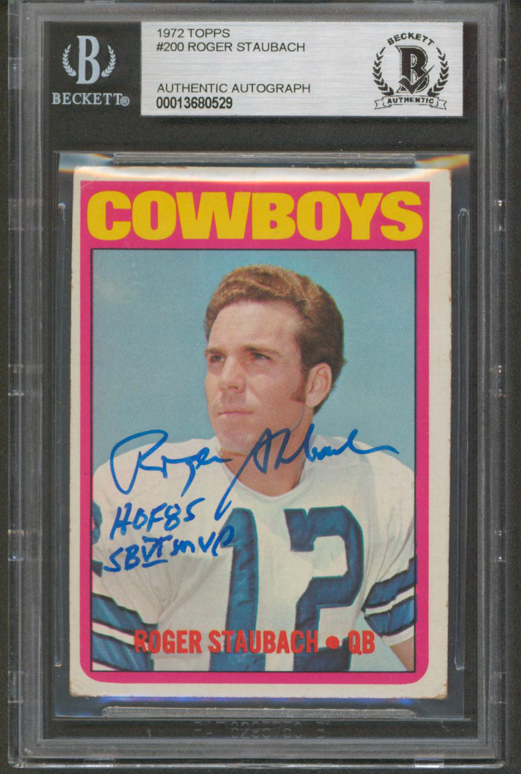 Cowboys Roger Staubach 2x Isnc Signed 1972 Topps #200 Rookie Card BAS Slabbed 2