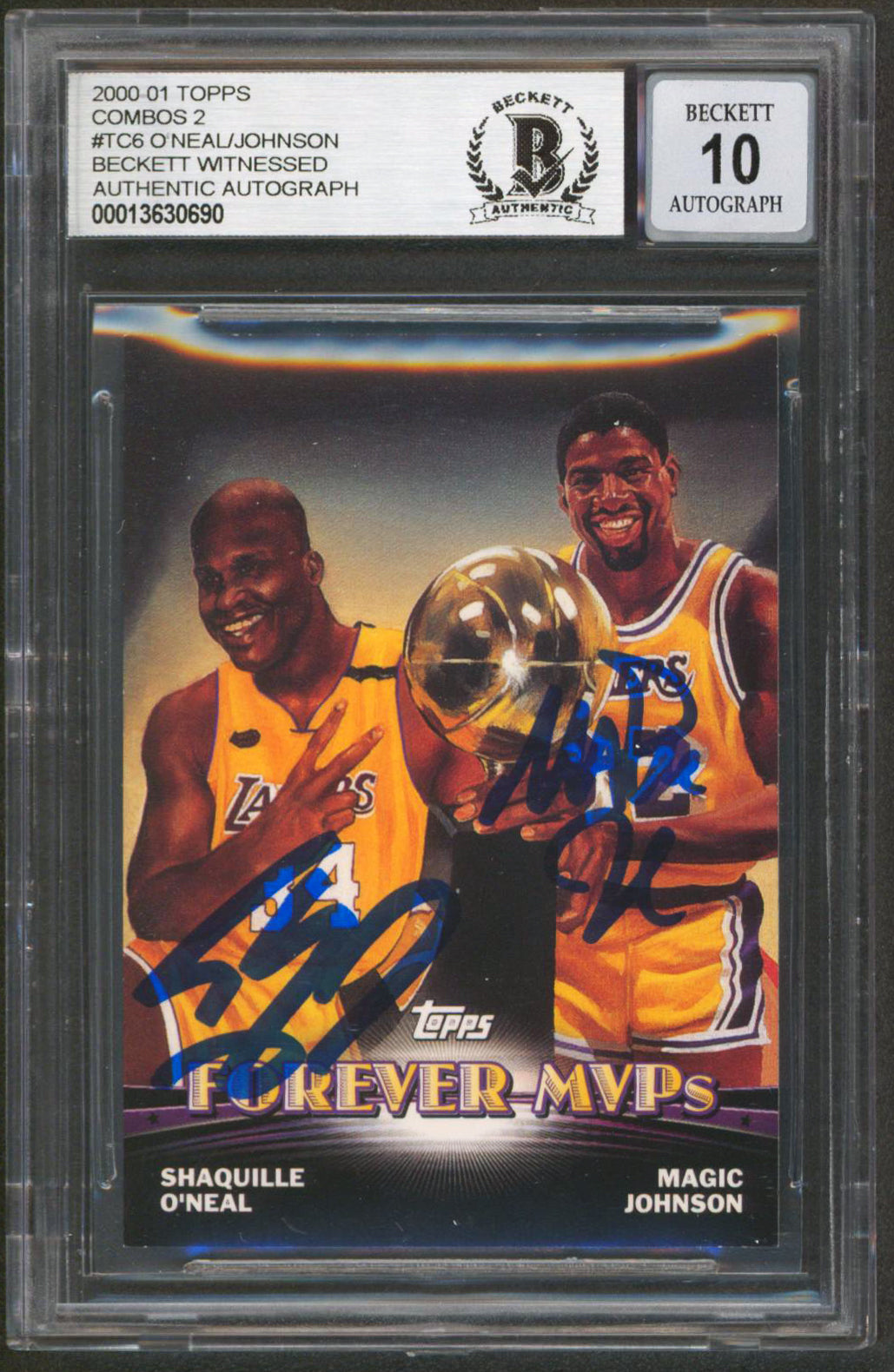 Shaquille O'Neal & Magic Johnson Signed 2000 Topps #TC6 Card Auto 10! BAS Slab