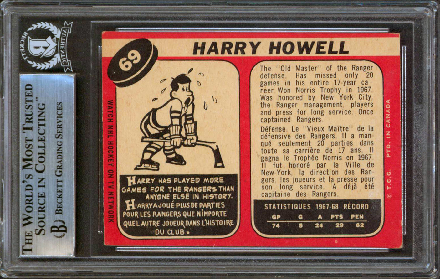Rangers Harry Howell Authentic Signed 1968-69 O-Pee-Chee #69 Card BAS Slabbed
