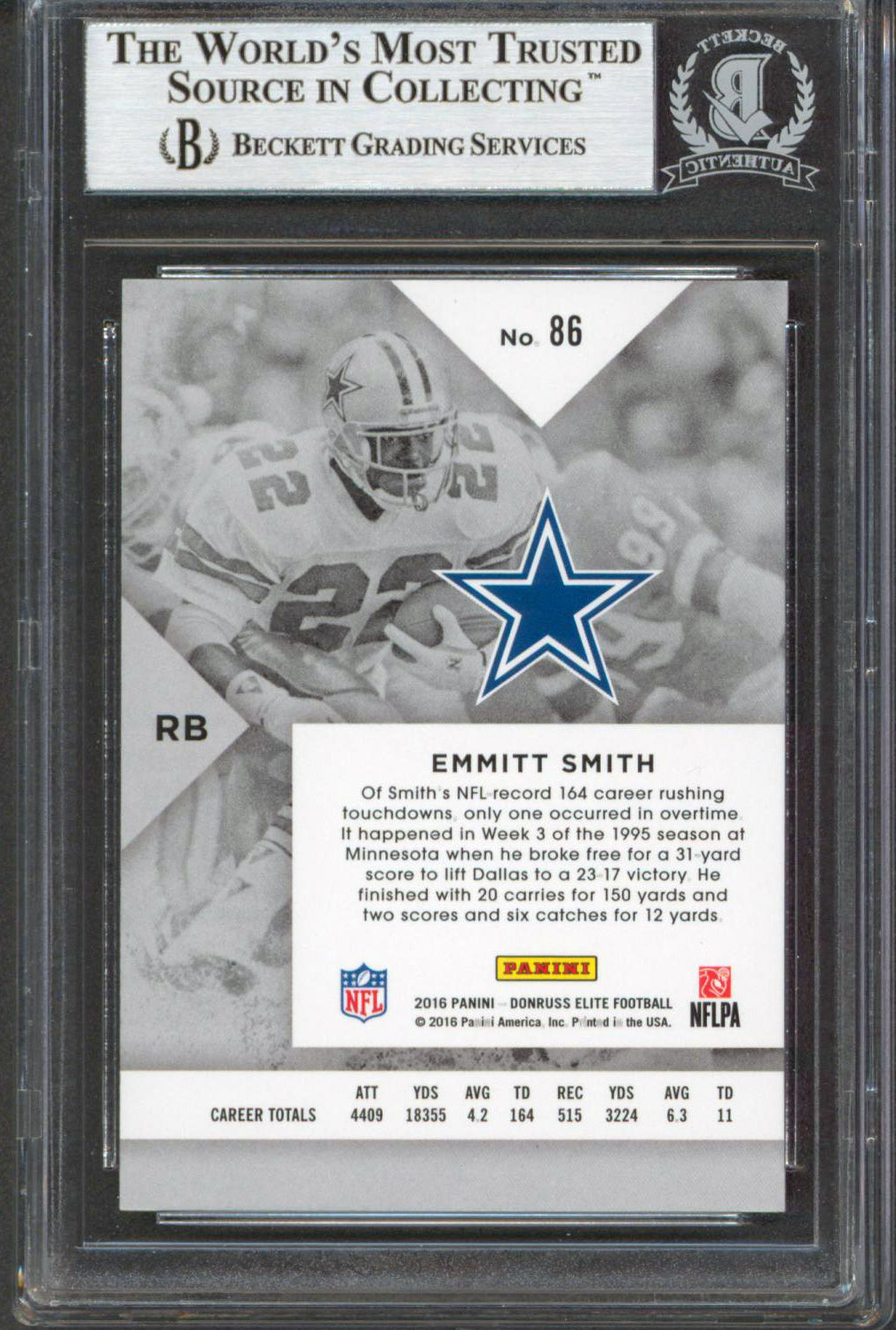 Cowboys Emmitt Smith Authentic Signed 2016 Elite #86 Card BAS Slabbed