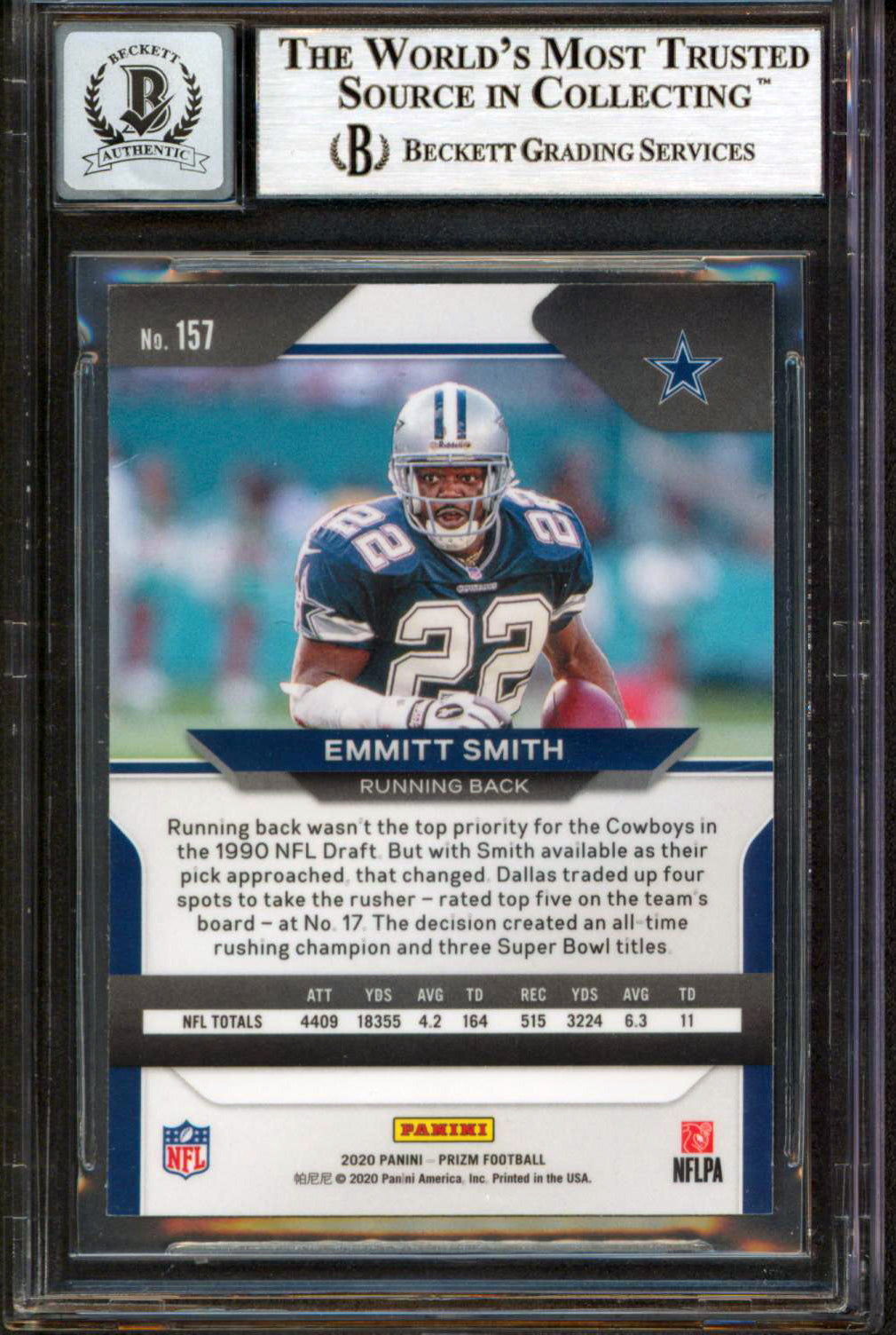 Cowboys Emmitt Smith Signed 2020 Panini Prizm #157 Card Auto 10! BAS Slabbed