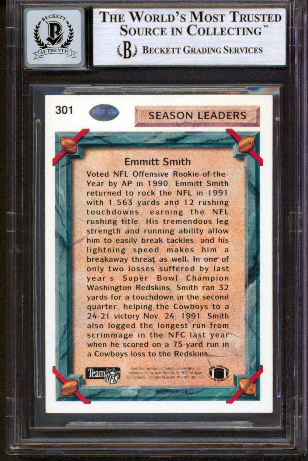 Cowboys Emmitt Smith Signed 1992 Upper Deck #301 Card Auto Graded 10 BAS Slabbed