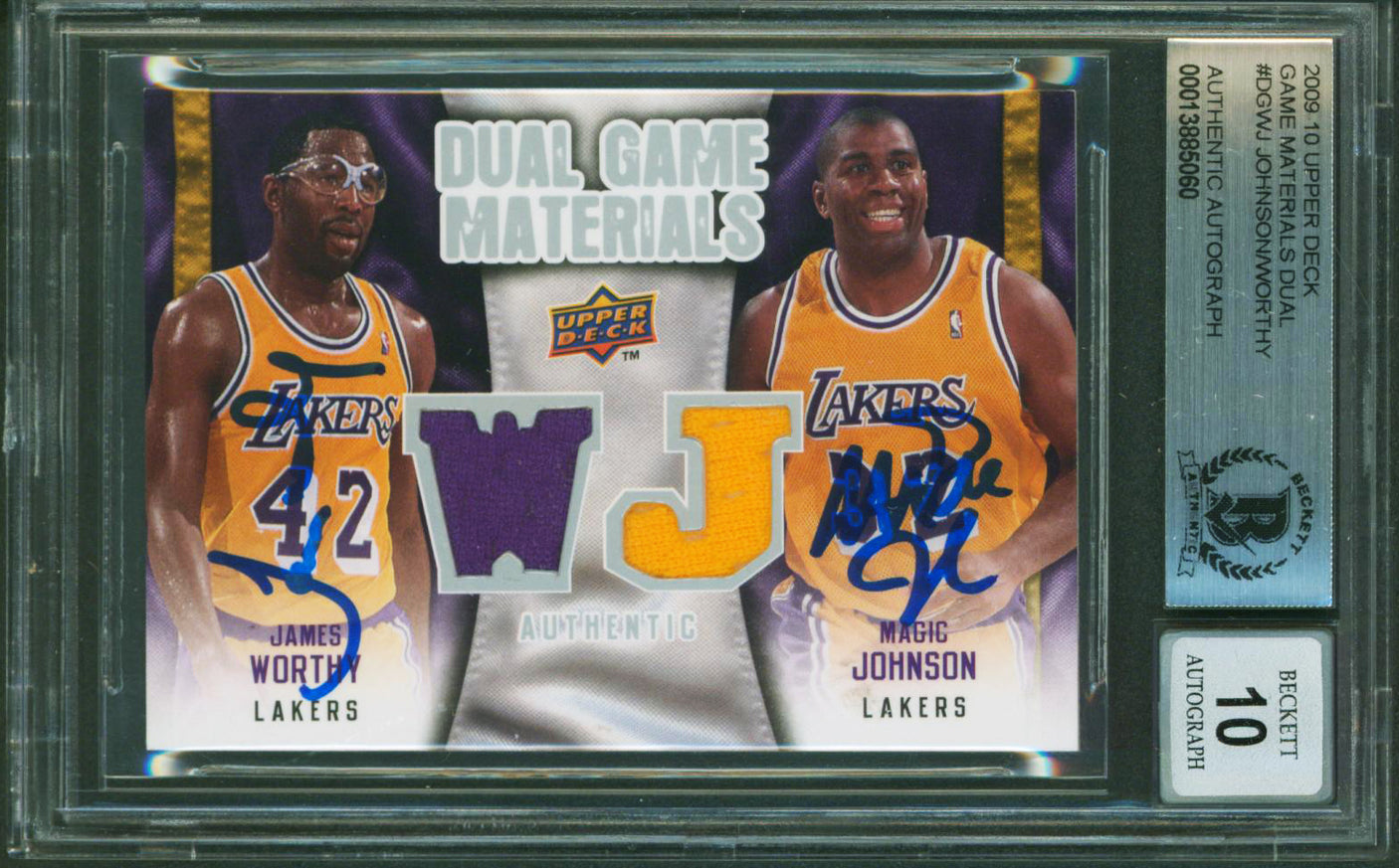 Magic Johnson & James Worthy Signed 2009 UD Game Mat DGWJ Card Auto 10 BAS Slab