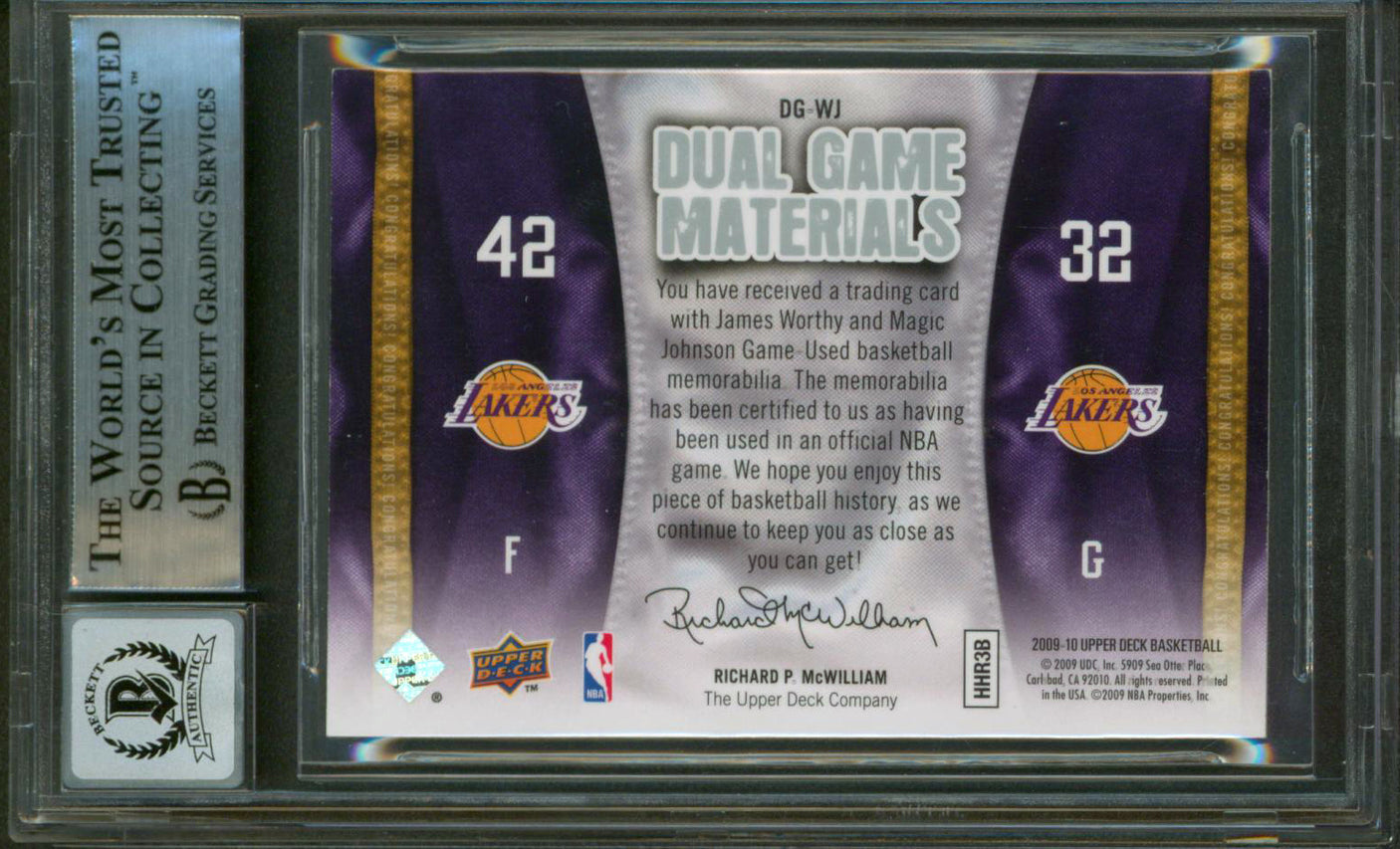 Magic Johnson & James Worthy Signed 2009 UD Game Mat DGWJ Card Auto 10 BAS Slab