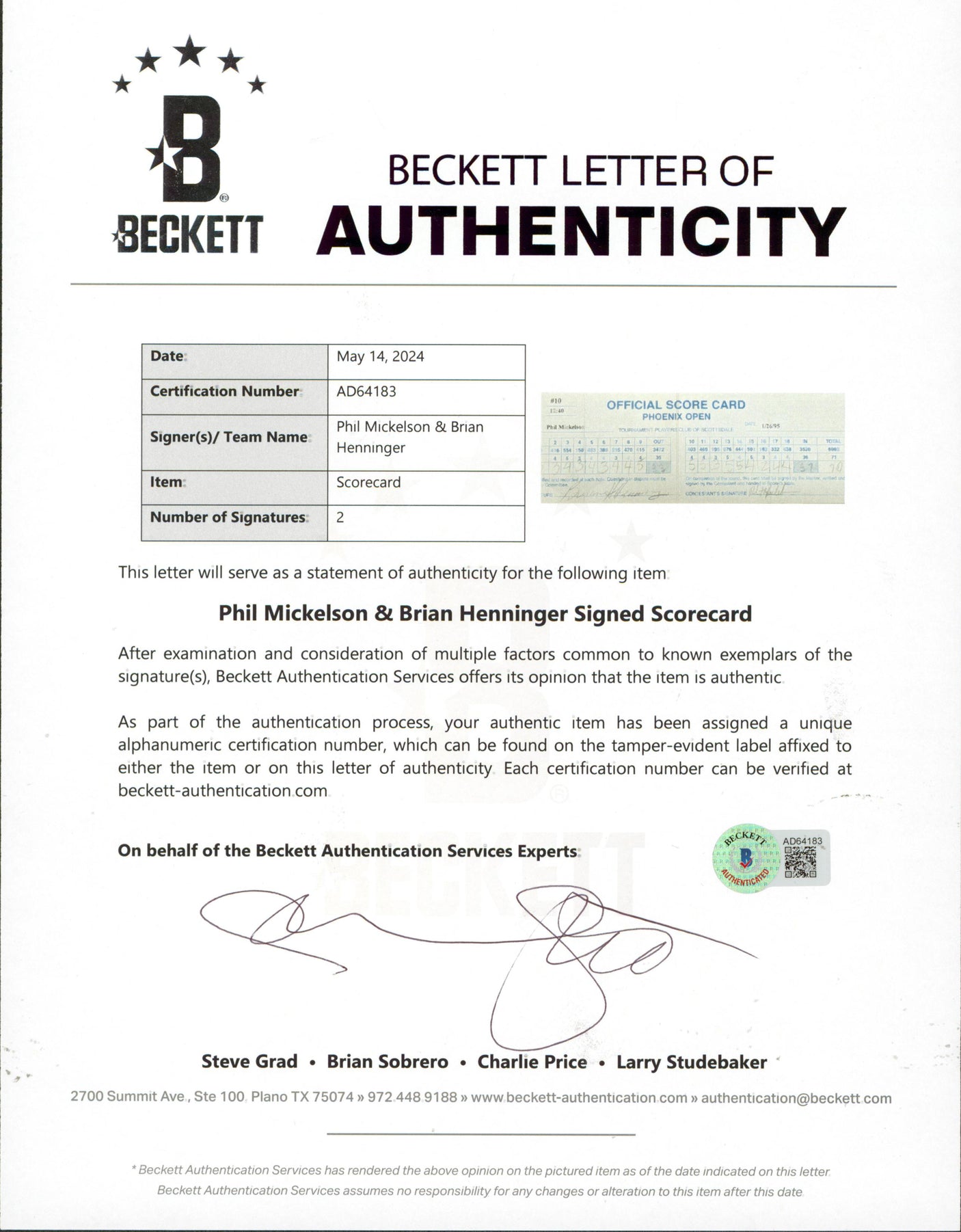 Phil Mickelson & Brian Henninger Signed 1995 Phoenix Open Scorecard BAS #AD64183