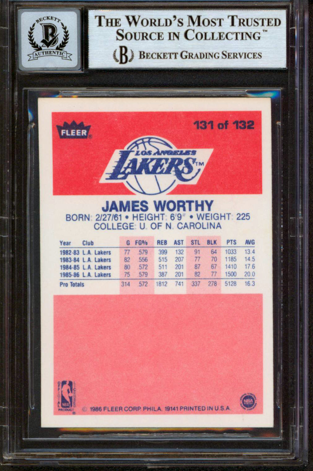 Lakers James Worthy HOF 2003 Signed 1986 Fleer #131 Rookie Card Auto 10 BAS Slab