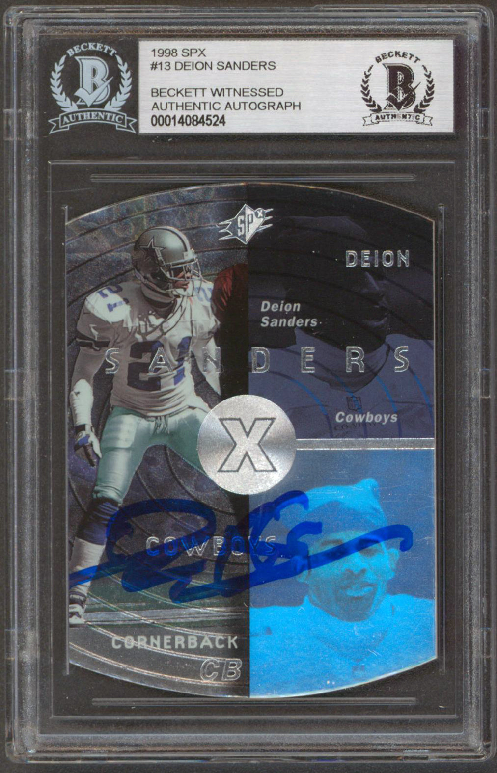 Cowboys Deion Sanders Authentic Signed 1998 SPX #13 Card Autographed BAS Slabbed