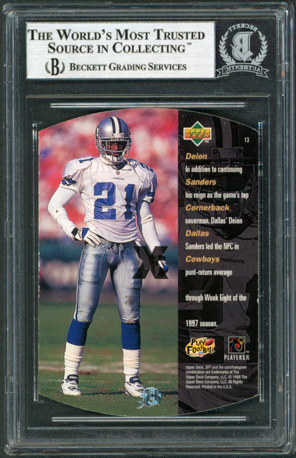 Cowboys Deion Sanders Authentic Signed 1998 SPX #13 Card Autographed BAS Slabbed