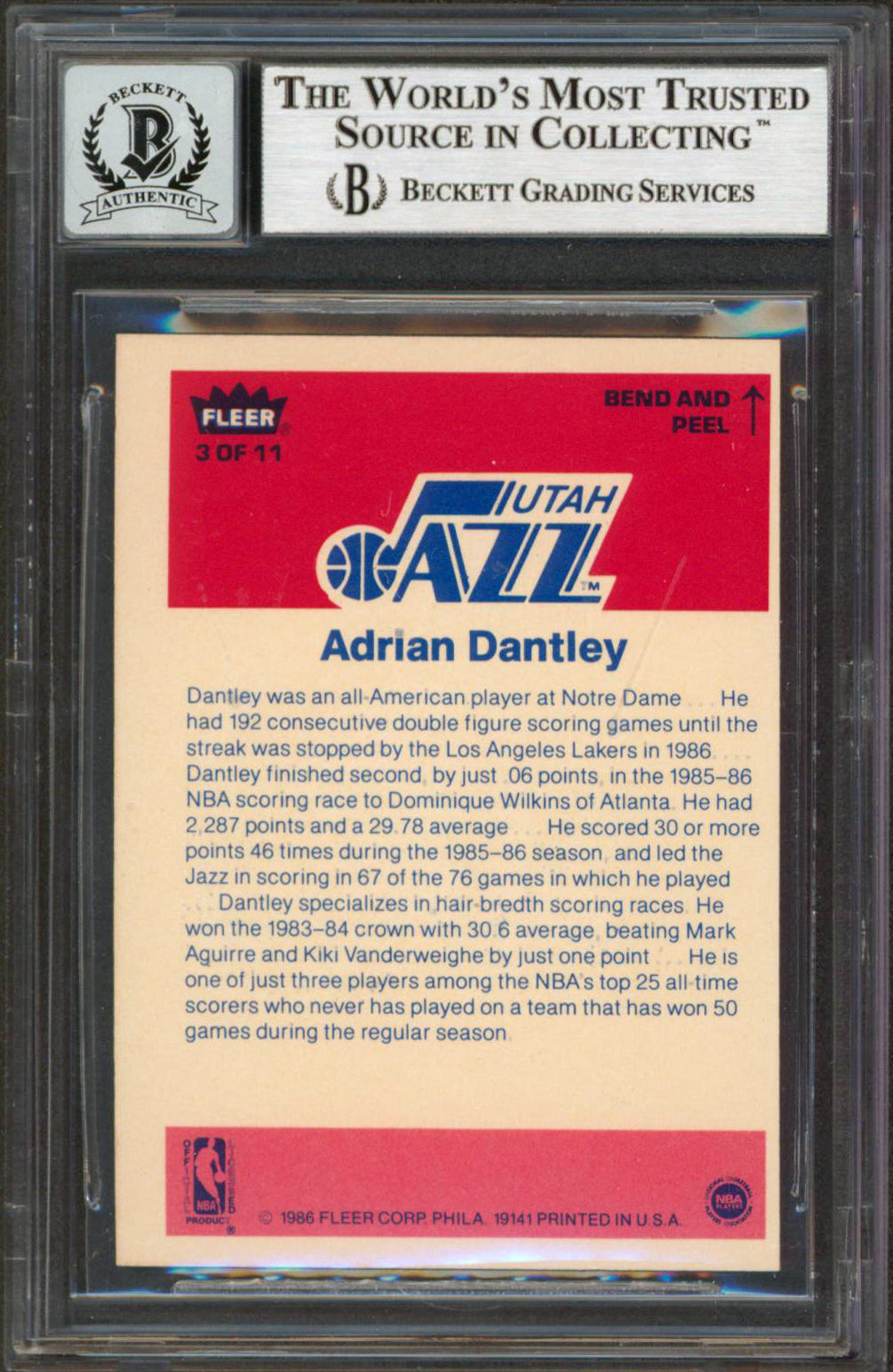 Jazz Adrian Dantley HOF 2008 Signed 1986 Fleer Stickers #3 Card Auto 10 BAS Slab