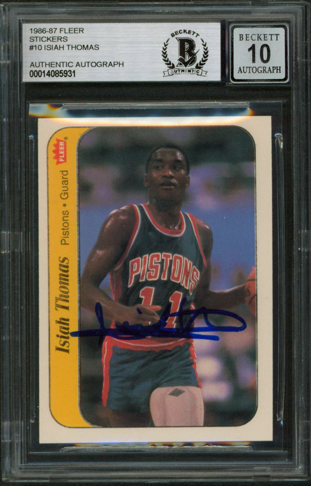 Pistons Isiah Thomas Signed 1986 Fleer Stickers #10 Card Auto 10! BAS Slabbed