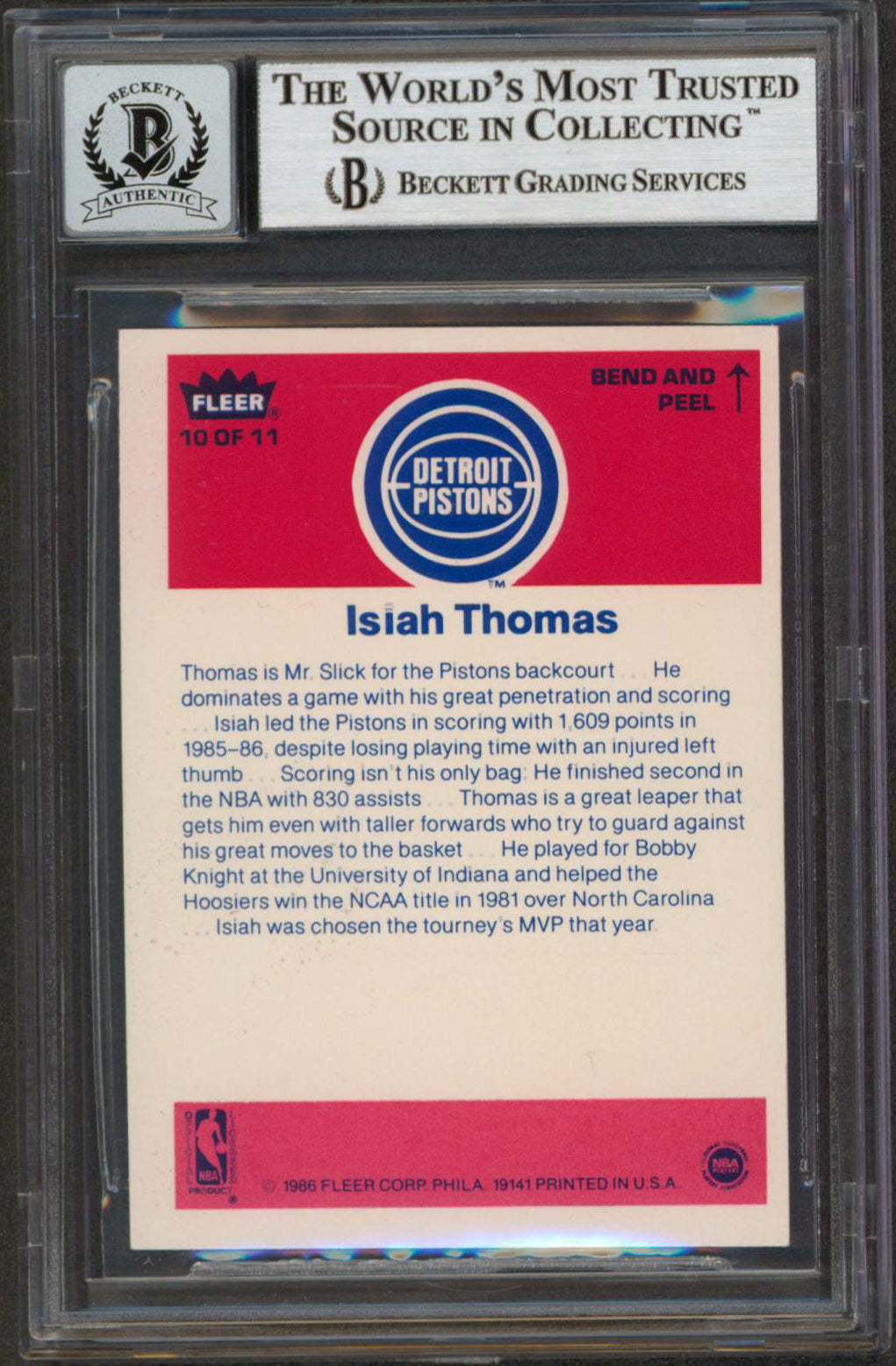 Pistons Isiah Thomas Signed 1986 Fleer Stickers #10 Card Auto 10! BAS Slabbed