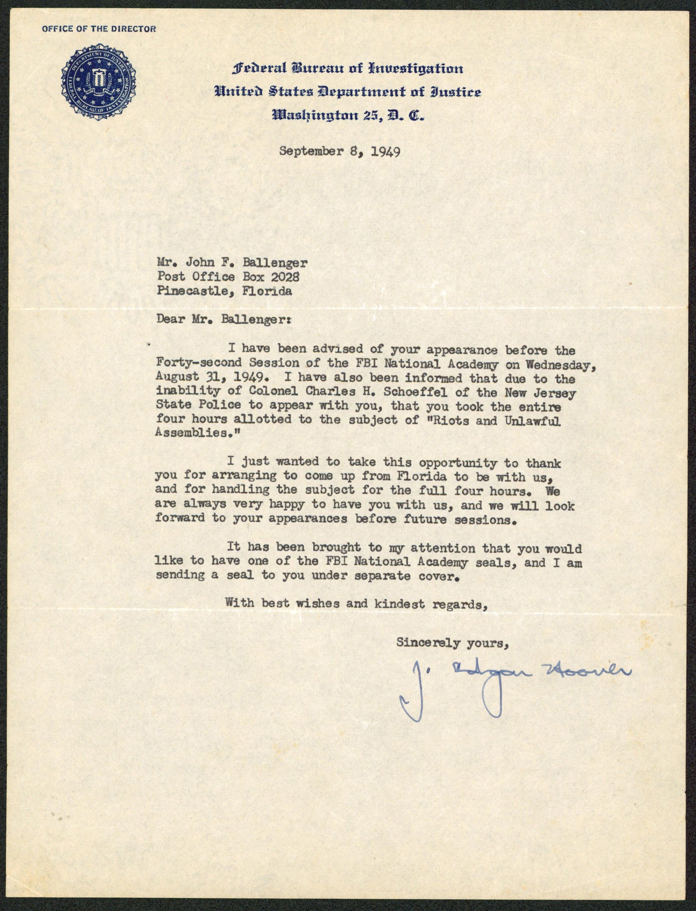 J. Edgar Hoover FBI Signed Letter Dated 9/8/1949 On FBI Letterhead BAS #AD64299