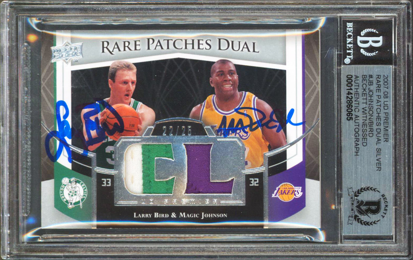 Magic Johnson & Larry Bird Signed 2007 UD Premier Patches Card Auto 10! BAS Slab
