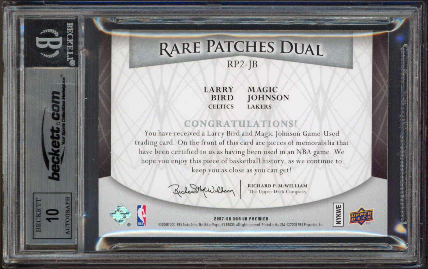 Magic Johnson & Larry Bird Signed 2007 UD Premier Patches Card Auto 10! BAS Slab
